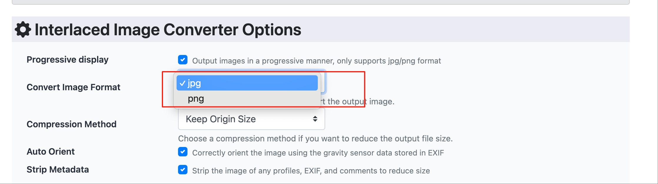 setting upload image options