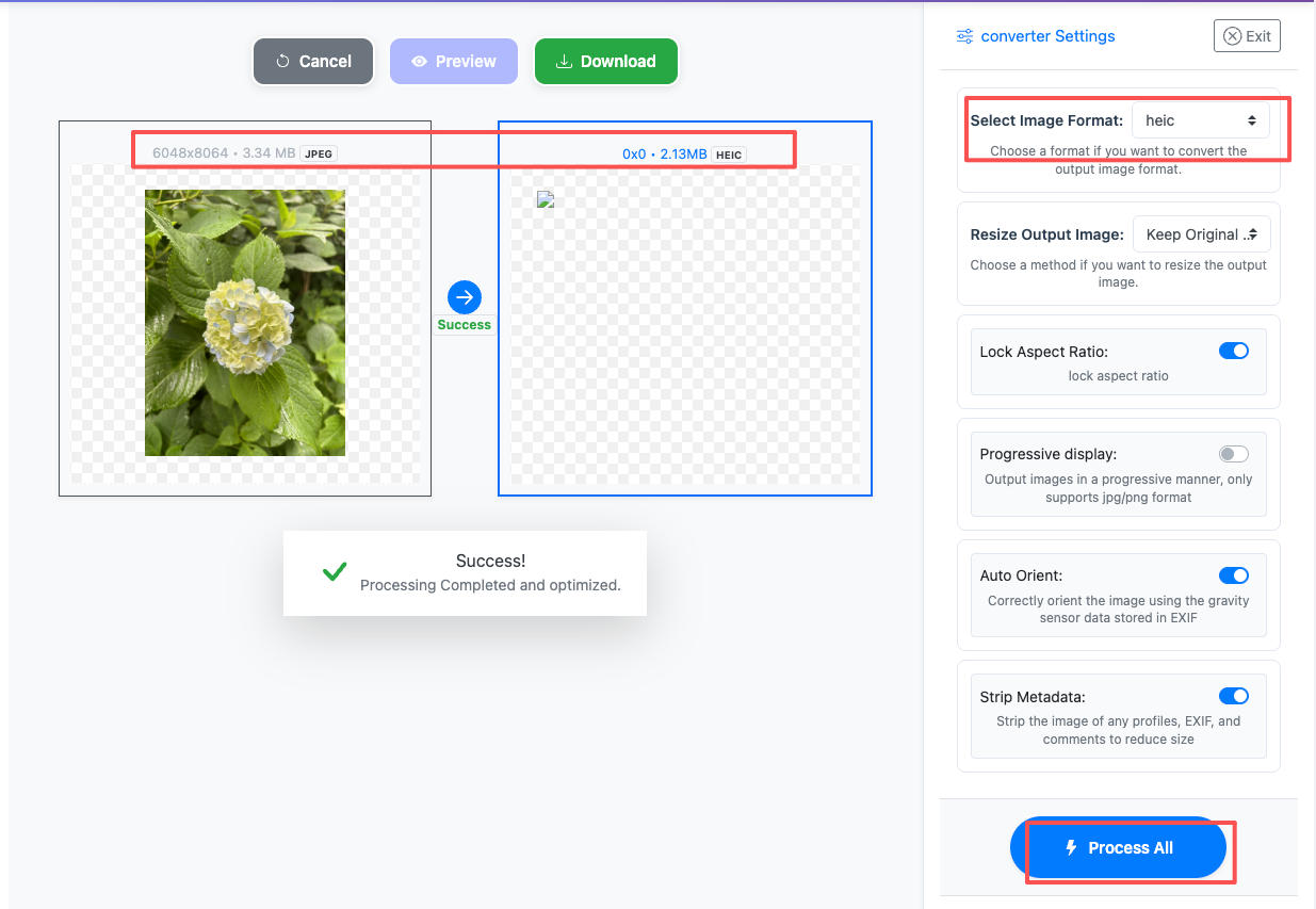 edit the settings for jpeg to heic image