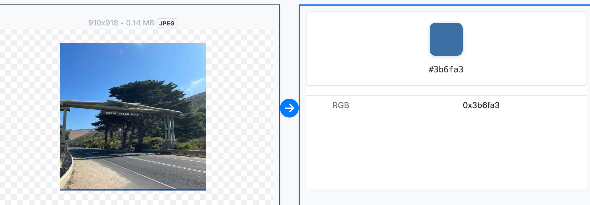 Extracted main color from a JPEG image with HEX color preview